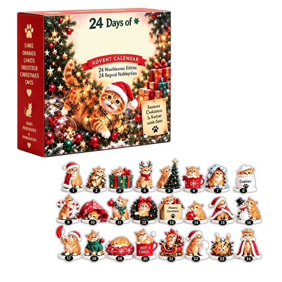 2026 Christmas Orange Cat Advent Calendar, 24Pcs 2D Acrylic Ginger Cat Ornaments, 24 Days Countdown Calendar, Holiday Gift for Cat Lovers & Feline Collectors