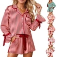 thumbnail image 1 of 2026 Christmas Pajamas for Women Bow Tie Button Up Top and Ruffle Shorts 2 Piece Silk Satin Pjs Y2k Cute Sleepwear, 1 of 6