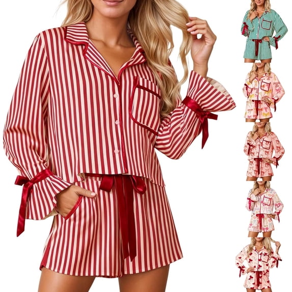 2026 Christmas Pajamas for Women Bow Tie Button Up Top and Ruffle Shorts 2 Piece Silk Satin Pjs Y2k Cute Sleepwear
