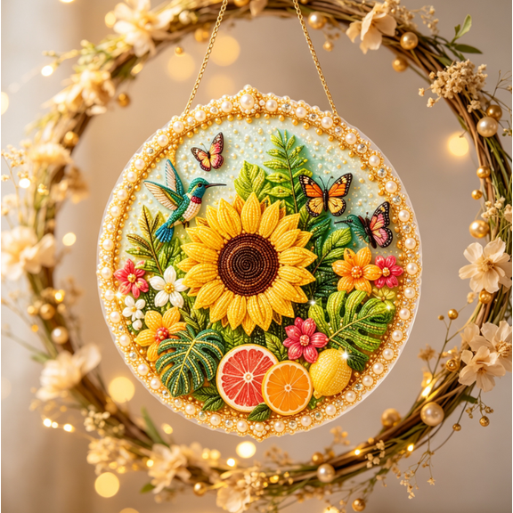 2026 Christmas Pearl Diamond Art Hanging Ornament Kit, Christmas Pearls Beads Art Craft, Diamond Arts Window Suncatchers, DIY Christmas Pearls Bead Painting Kit for Home Wall (Sunflower Hummingbird)