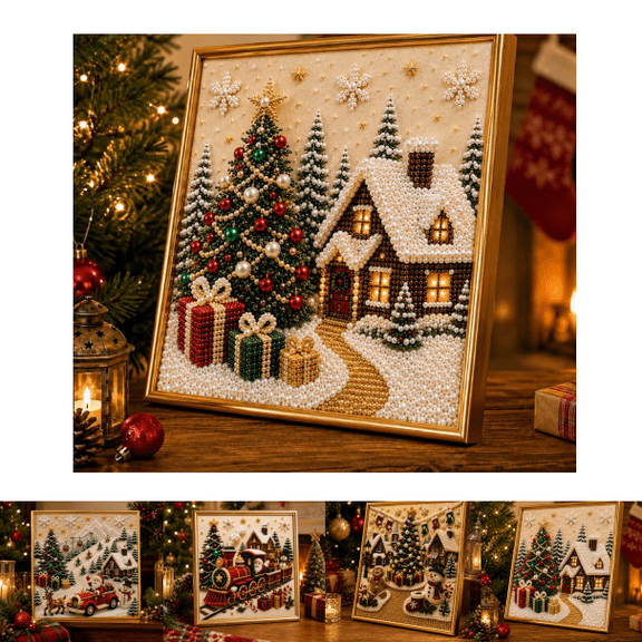 2026 Christmas Pearl Diamond Painting Art Kit with Frame, Gemstone Pearl Beads Craft for Tabletop Mounting Wall Home Decor, Relaxing & Beginner-Friendly (Cozy Christmas Cottage)