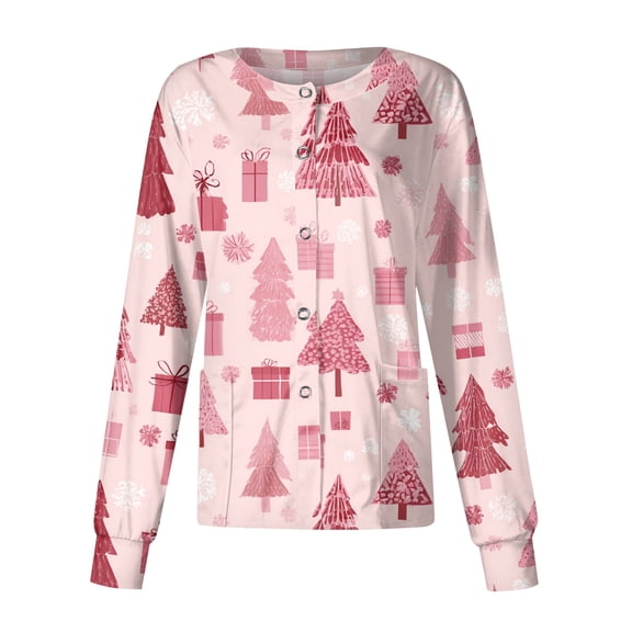 2026 Christmas Pink Scrub Jacket for Woman Long Sleeve Button up Plus Size Medical Scrub Top Snowflake Printed Nursing Working Uniform Cotton Nurse Jacket 3XL-Large