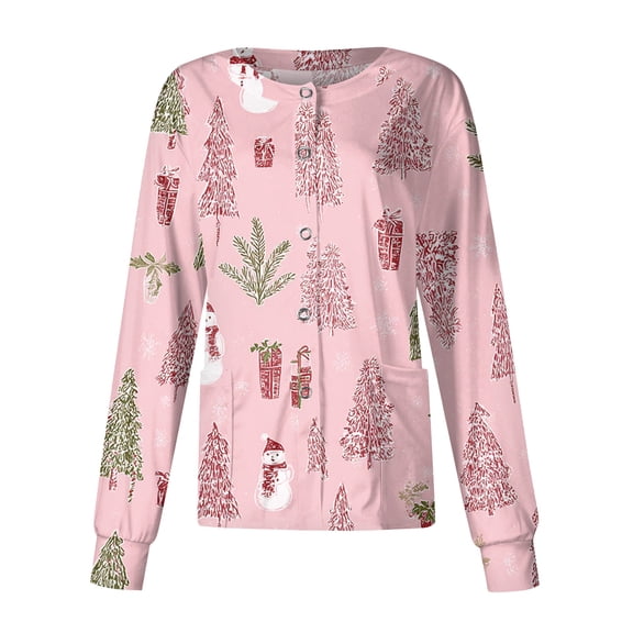 2026 Christmas Purple Pink Scrub Jackets for Woman Cute Nurse Jacket Snowflake Printed Long Sleeve Scrub Top Snap Front Working Nurses Uniform S-Small