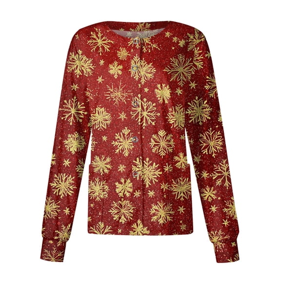 2026 Christmas Red Scrub Jacket for Woman Stretchy Lab Coat Snowflake Print Long Sleeve Scrub Tops Button up Working Nurses Uniforms M-Mid