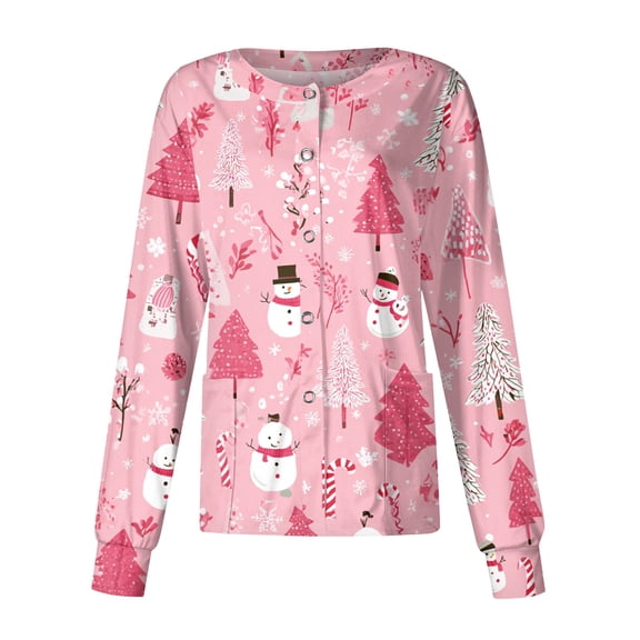 2026 Christmas Red Scrub Jackets for Woman Clearance Nurse Jacket Snowflake Print Long Sleeve Scrub Tops Snap Front Working Nursing Uniform L-Large