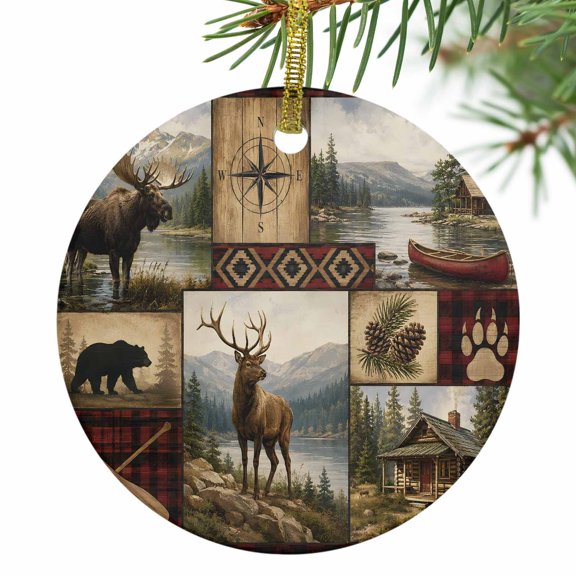 2026 Christmas Round Hanging Ornaments 3",Vintage Patchwork Ceramic Xmas Tree Ornament Pendant Christmas Keepsake Accessories for Home Holiday Decor,Forest Elk Bear