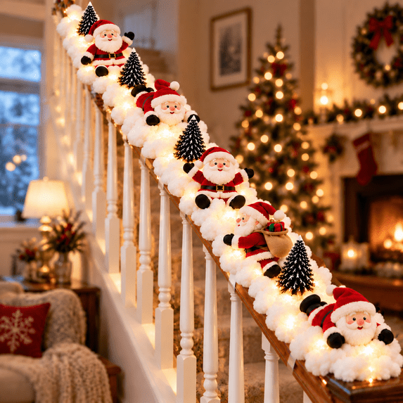2026 Christmas Santa’s Snowy Staircase Lighted Railing Decor with Soft Snowy Base and Cute Santa Figurine, for Farmhouse Living Room Stairwell Christmas Holiday Decor