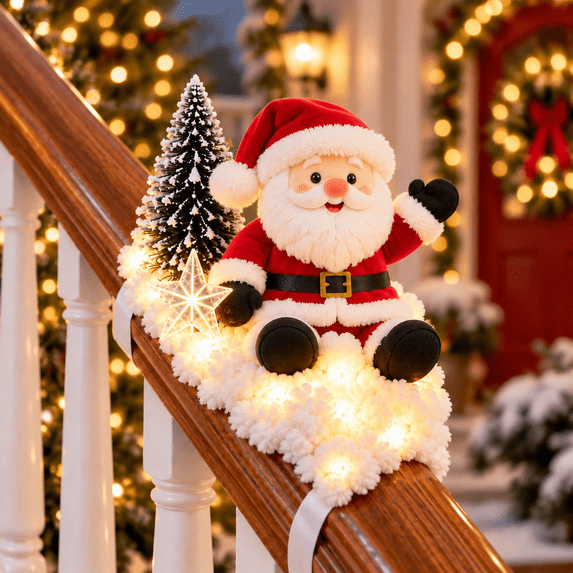 2026 Christmas Santa’s Snowy Staircase Lighted Railing Decor with Soft Snowy Base and Cute Santa Figurine, for Farmhouse Living Room Stairwell Christmas Holiday Decor