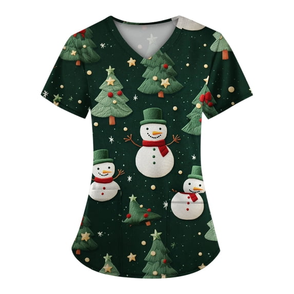 2026 Christmas Scrub Tops for Woman Xmas Short Sleeve V Neck Scrub Shirts Stretchy Holiday Nurse Uniform with 2 Pockets - 02 - Dark Green - 5XL