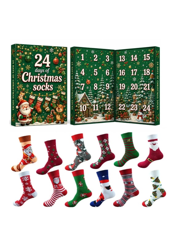 2026 Christmas Socks Advent Calendar 24 Days Countdown Blind Box 24 Pairs Novelty Holiday Socks for Women Men Kids Xmas Stocking Stuffers Office Party Favors Secret Santa Gifts
