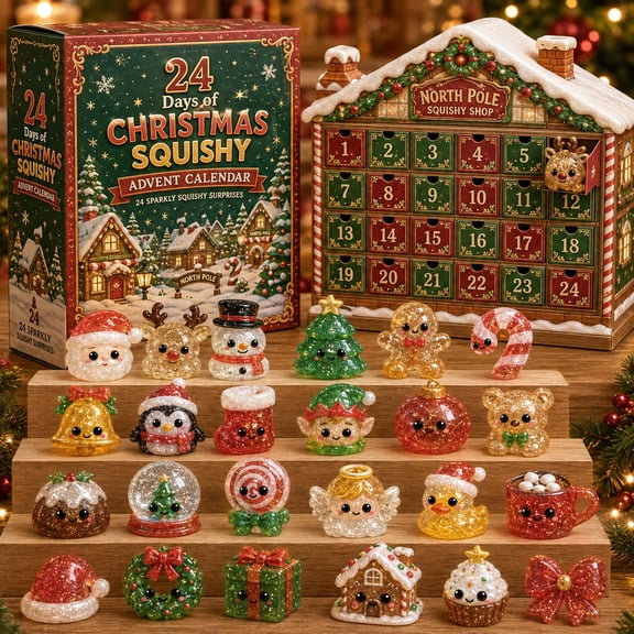 2026 Christmas Squishy Advent Calendar, 24 Pack Village‑Shop Countdown Calendar with 24 Sparkly Mini Squeeze Toys, Holiday Gift for Kids Xmas Party Favor
