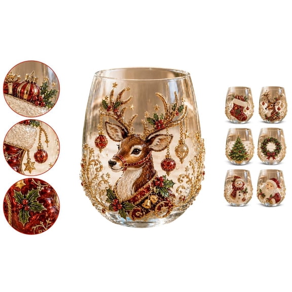 2026 Christmas Stemless Glass Cup 12oz, Exquisite 3D Holiday Decor Mug for Xmas Party Favors & Family Gatherings, Festive Gift for Women Mom Wife (Reindeer)