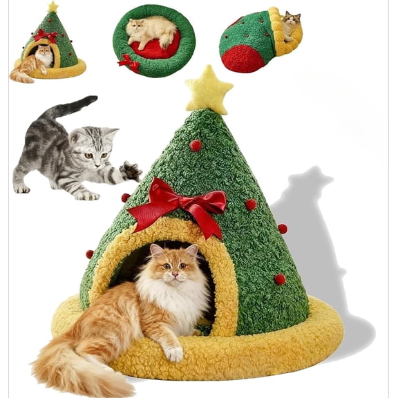 2026 Christmas Tree Cat Cave Bed, Removable Washable Closed Winter Pet House for Cats & Small Dogs, Cozy Holiday Plush Hideout