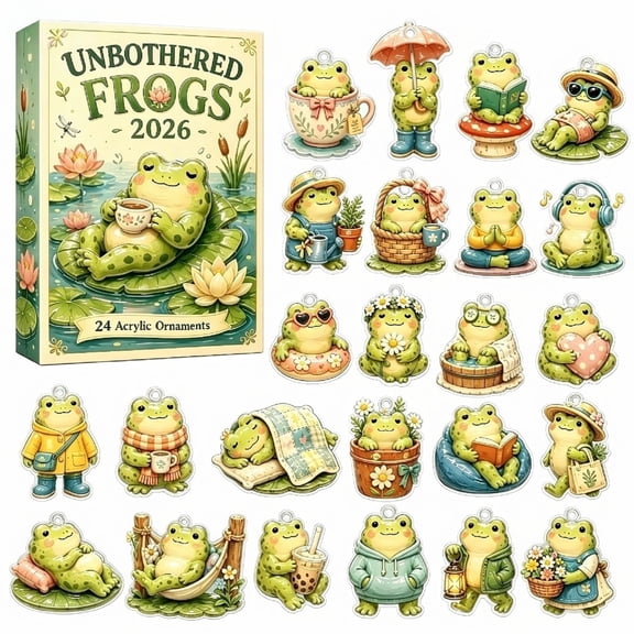 2026 Christmas Unbothered Frogs Advent Calendar, 24 Days Xmas Countdown Calendar 2D Acrylic Lazy Relaxed Frog Hanging Ornaments, Holiday Surprise Gift Box