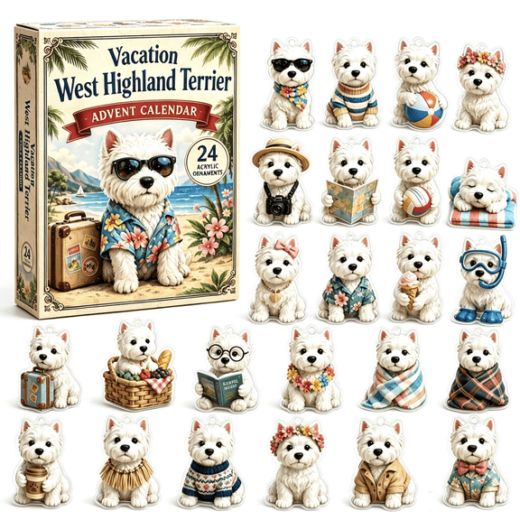 2026 Christmas Vacation West Highland Terrier Advent Calendar, 24 Days Xmas Countdown Calendar 2D Acrylic Beach Vacation Westie Dog Hanging Ornaments
