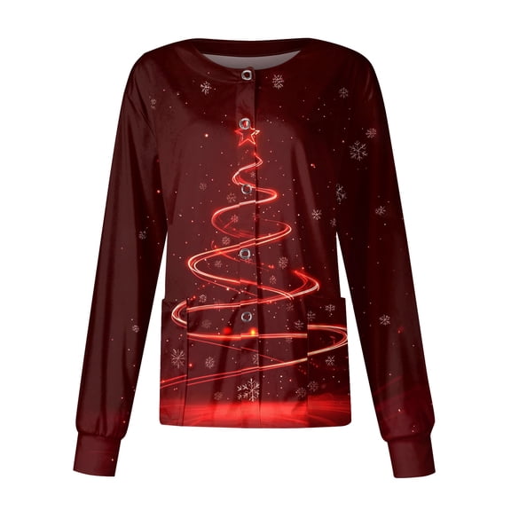 2026 Christmas Vermilion Scrub Jackets for Woman Long Sleeve Snowflake Print Scrub Tops Snap Front Lightweight Nurses Working Uniform Warm up Medical Nurse Jacket M-Mid