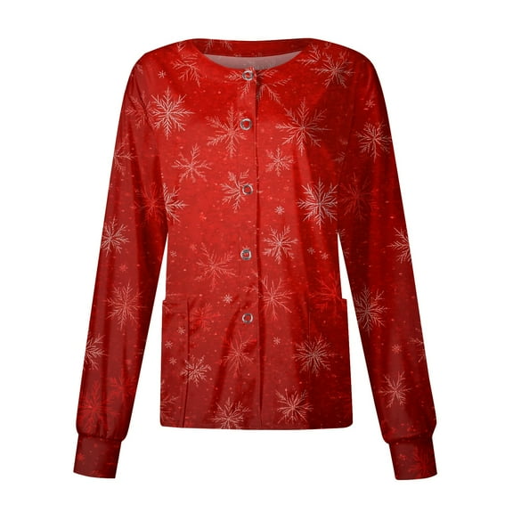 2026 Christmas Vermilion Scrub Jackets for Women Long Sleeve Button up Plus Size Medical Scrub Top Snowflake Print Nurses Working Uniform Cotton Lab Coat 3XL-Large