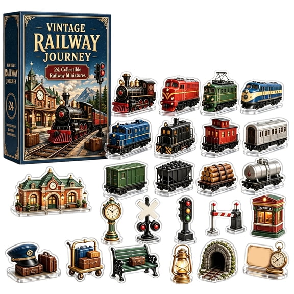 2026 Christmas Vintage Railway Journey Advent Calendar, 24-Day 2D Acrylic Ornaments, Blue Gold Classic Train Station Holiday Gift Box, Festive Decor for Train Lover Lovers & Collectors