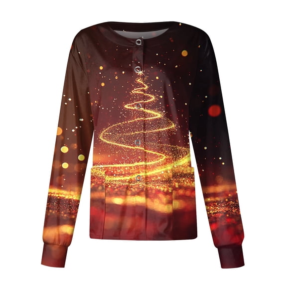 2026 Christmas Watermelon Red Scrub Jackets for Women Stretchy Nurse Jacket Snowflake Printed Long Sleeve Scrub Top Button up Working Nursing Uniforms 2XL-Large