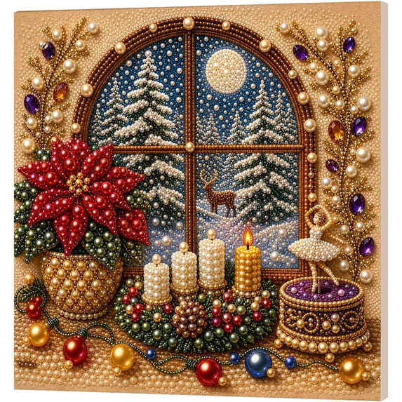 2026 Christmas Window Framed Pearl Art Wall Decor 8x8 inch, Window Framed Christmas DIY Pearl Bead Painting Kits for Adult, Christmas Party Decorations for Home Wall Decor