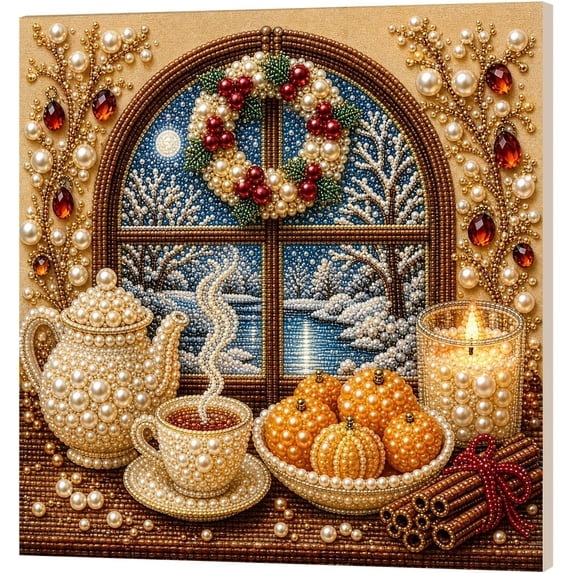 2026 Christmas Window Framed Pearl Art Wall Decor 8x8 inch, Window Framed Christmas DIY Pearl Bead Painting Kits for Adult, Christmas Party Decorations for Home Wall Decor