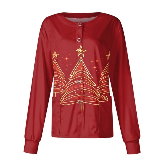 2026 Christmas Wine Scrub Jackets for Woman Cute Nurse Jacket Snowflake Print Long Sleeve Scrub Top Snap Front Working Nurses Uniform S-Small