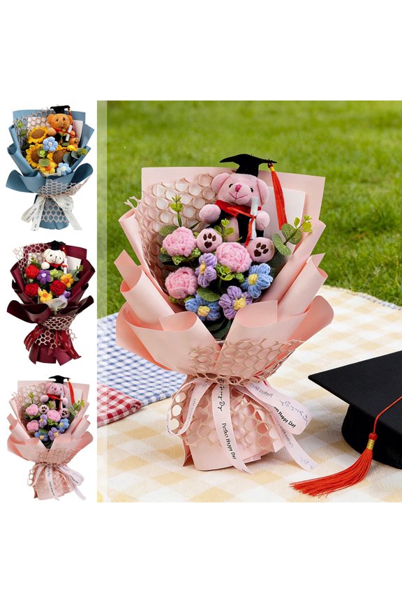 2026 Class of Graduation Hand-Woven Mixed Floral Bouquet with Plush Bear, Lifelike Floral Handmade Exquisite Gift, for Graduation Celebration Party Commencement Ceremony, Pink