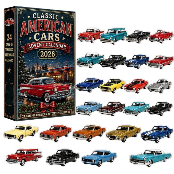 2026 Classic American Cars Advent Calendar, 24 Days Xmas Countdown Calendar Vintage American Classic Car 2D Acrylic Ornaments, Surprise Gift Box Stocking Stuffer for Car Lovers