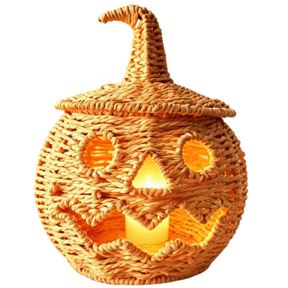 2026 Classic Halloween Decorations -Halloween Woven Pumpkin Basket with Lid,Halloween Wicker Pumpkin Candy Basket,Jack O Lantern Light Halloween Decor Fall Pumpkin Candy Holder Rustic Fall Decor, #A
