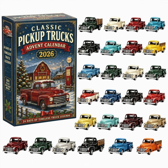 2026 Classic Pickup Truck Advent Calendar 24‑Count Vintage Mini Truck Toy Collection Holiday Countdown Blind Box Neutral Kids Surprise Present
