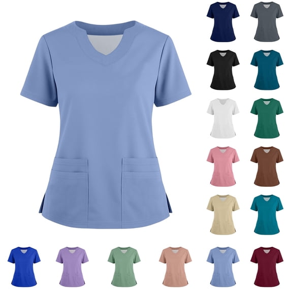 Classic V Neck Scrub Tops for Women Solid Stretch Short Sleeve Nursing Uniform with Multi Pockets & Side Slits Brown 4XL