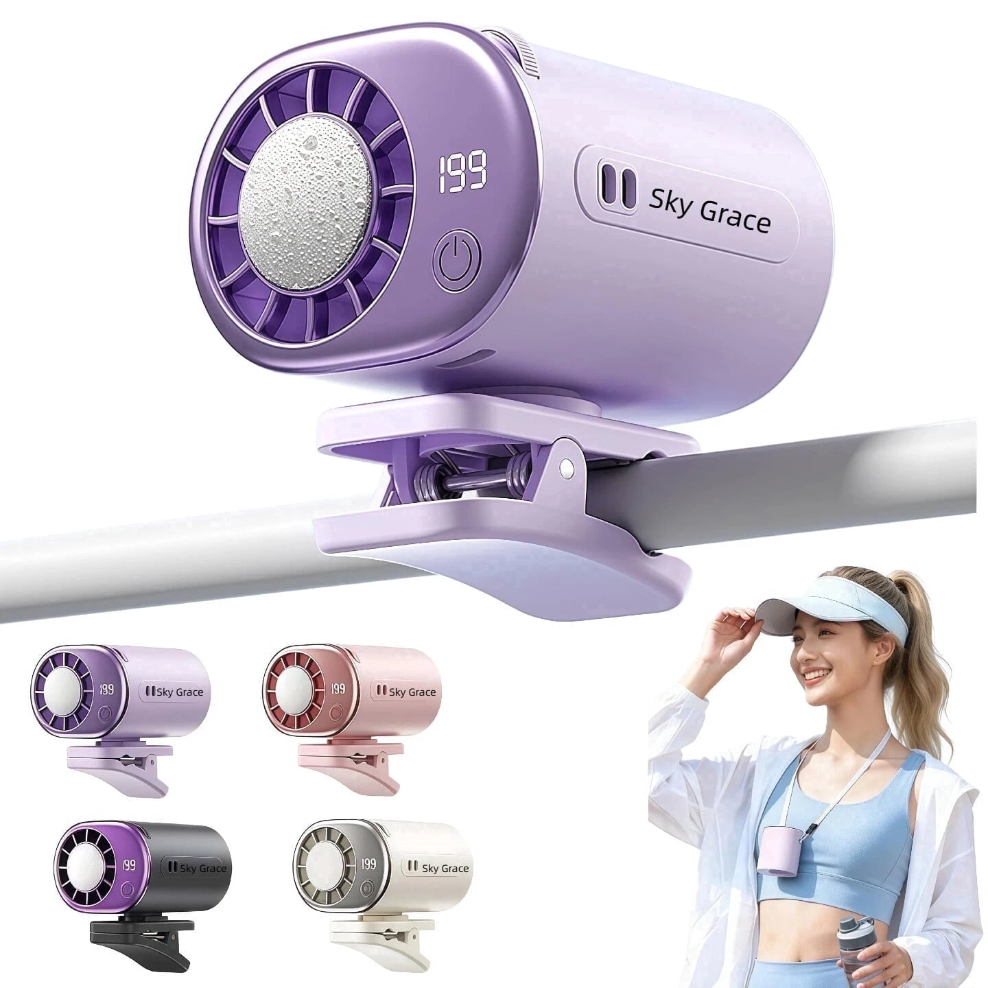 2026 Clip-on Car Air Conditioner Fan, 360° Rotation USB Rechargeable Portable Mini Cooling Fan, LED Display 199 Speed Personal Cooler for Office Beach Camping (Purple)