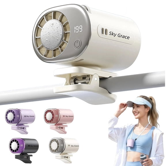 2026 Clip-on Car Air Conditioner Fan, 360° Rotation USB Rechargeable Portable Mini Cooling Fan, LED Display 199 Speed Personal Cooler for Office Beach Camping (White)