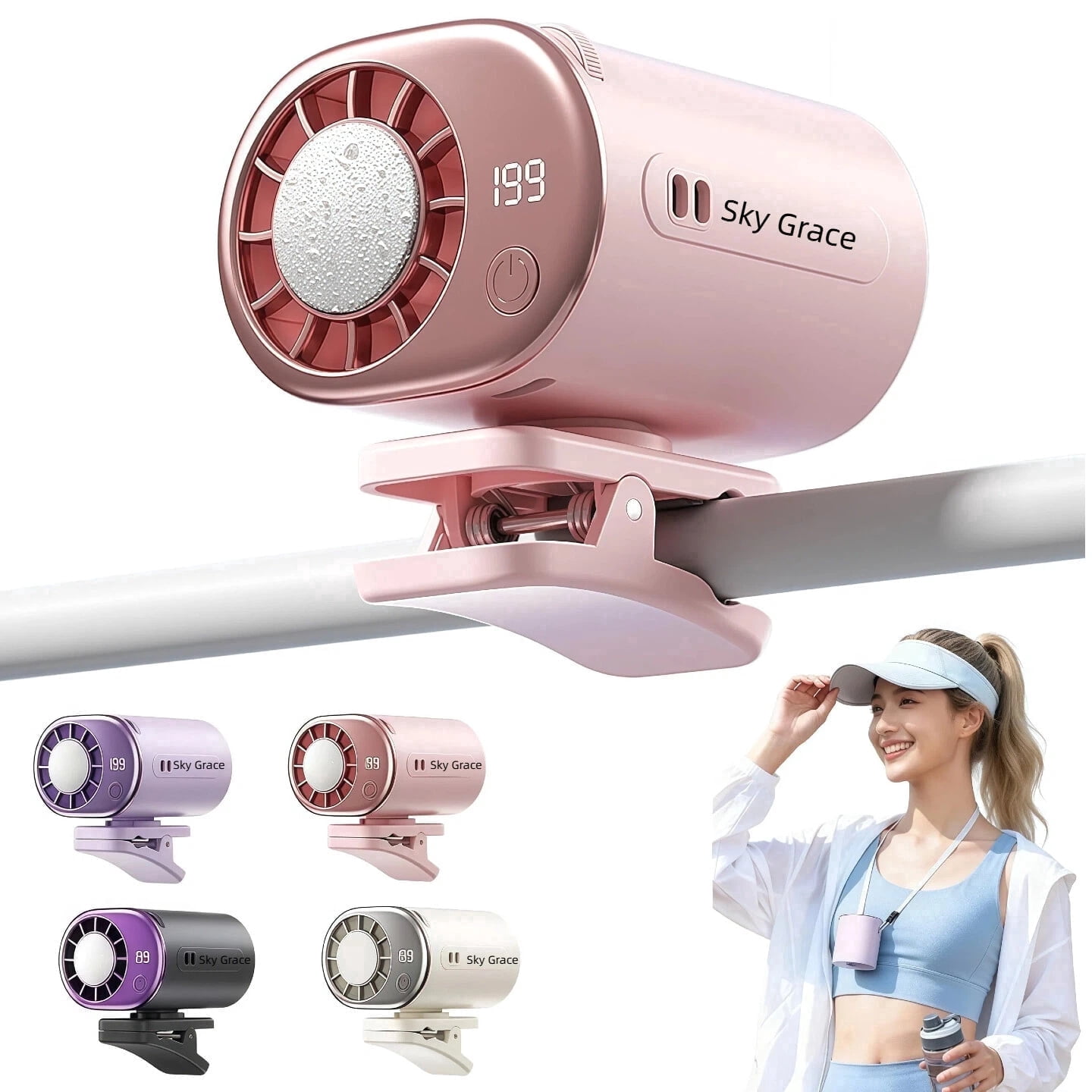 2026 Clip-on Car Air Conditioner Fan, 360° Rotation USB Rechargeable Portable Mini Cooling Fan, LED Display 199 Speed Personal Cooler for Office Beach Camping (Pink)