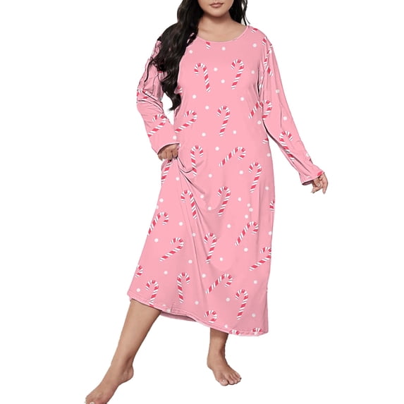 2026 Clothing Long Sleeve Oversized Sleep Shirt Crew Neck Long Sleeve Cute Christmas Print Sleep Dress Womens Plus Size Round Neck Loose Nightdress