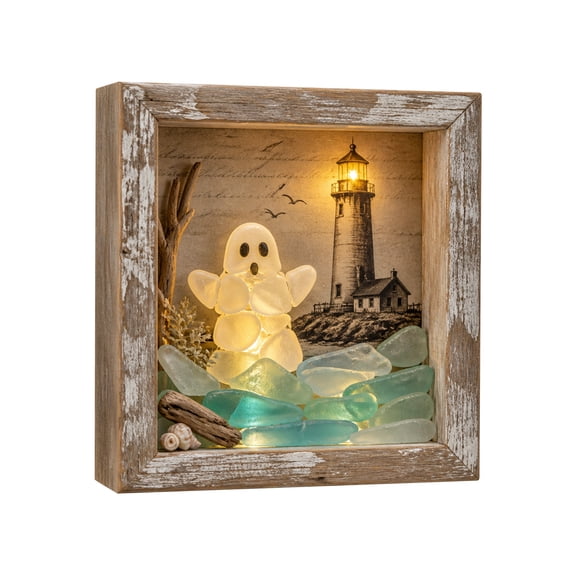 2026 Coastal Lighthouse Sea Glass Shadow Box Night Light, Classic Nautical Lighthouse Decorative Shadow Box Light for All-Season Indoor Tabletop Display