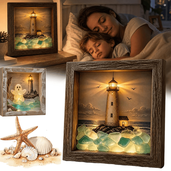 2026 Coastal Lighthouse Sea Glass Shadow Box Night Light, DIY Light Up Picture Frame Beach Frame Box Wall Decor, Warm Glow Nautical Framed Tabletop Wall Decor for Bedroom Reading Nooks A