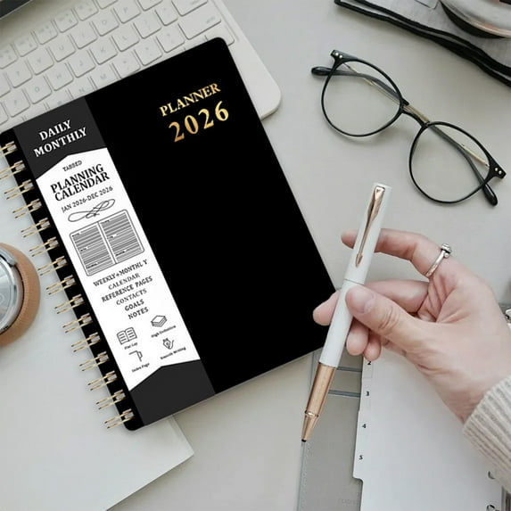 2026 Coil Bound Planner, A5 Leather Cover Weekly Monthly Calendar Organizer, Spiral Notebook for Work Office Journaling, Academic Year Schedule Book with Thick Paper, Laying Flat Design