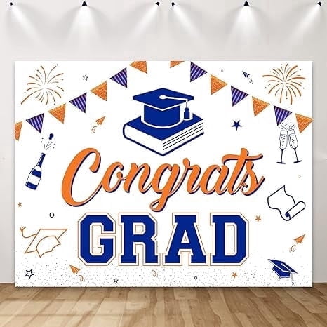 2026 Congrats Grad Photo Backdrop 75ft, Graduation Photography Background Blue Orange White, Class of 2026 Grad Celebration Party Decorations for College High School