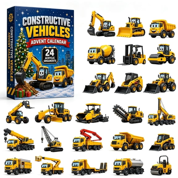 2026 Construction Truck Advent Calendar, 24 Day Christmas Countdown with Acrylic Excavator, Dump Truck and Bulldozer Ornaments, Vehicle Decorations for Child, Boys and Truck Fans