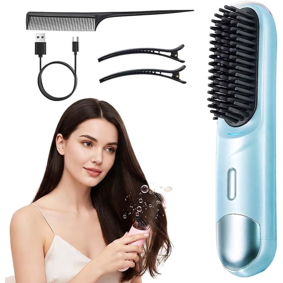 2026 Cordless Hair Straightener Brush, Portable Negative Ionic Hot Comb with 4 Temp Settings, USB-C Rechargeable Mini Straightening Brush for Short Hair, Bangs & Beard, Travel Size (Blue)