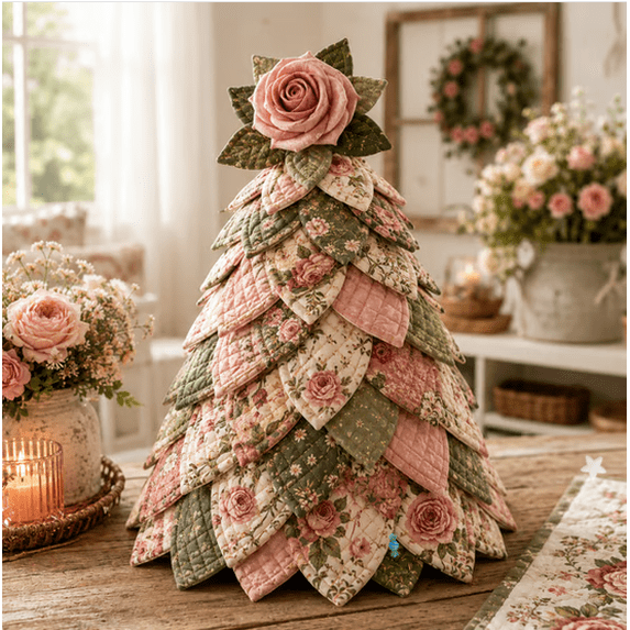 2026 Cottage Garden Quilted Fabric Tree DIY Sewing Kit, Layered 3D Fabric Petal Craft Project for Beginners, Handmade Floral Home Decor for Mantel Shelf Tabletop Display