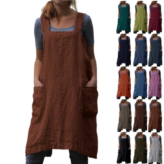 2026 Cotton Linen Apron Cross Back Apron for Women with Big Pockets Square Pinafore Dress for Baking Cooking,Khaki L