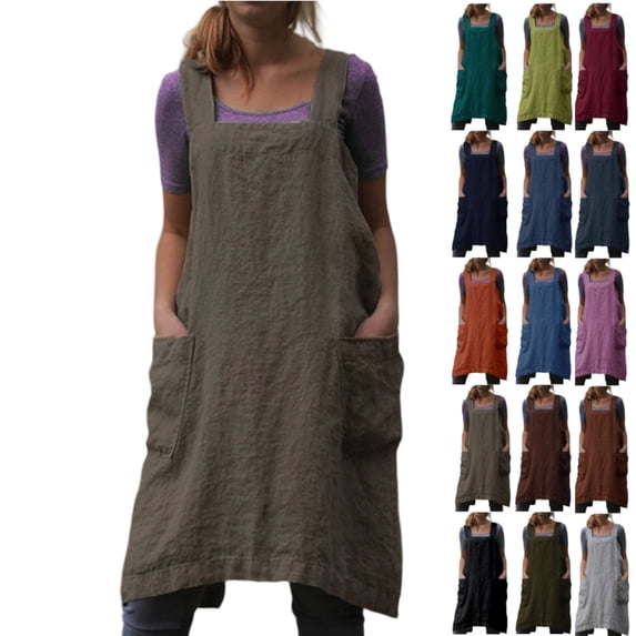 2026 Cotton Linen Apron Cross Back Apron for Women with Big Pockets Square Pinafore Dress for Baking Cooking,Light Gray XXL