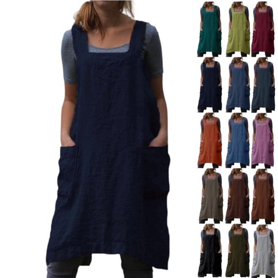 2026 Cotton Linen Apron Cross Back Apron for Women with Big Pockets Square Pinafore Dress for Baking Cooking,Navy XXL