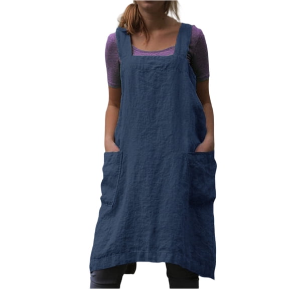 2026 Cotton Linen Apron Cross Back Apron for Womens with Pockets Pinafore Dress for Baking Cooking Blue L