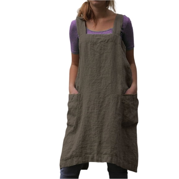 2026 Cotton Linen Apron Cross Back Apron for Womens with Pockets Pinafore Dress for Baking Cooking Light Gray XL