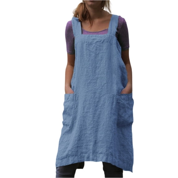 2026 Cotton Linen Apron Cross Back Apron for Womens with Pockets Pinafore Dress for Baking Cooking Sky Blue S