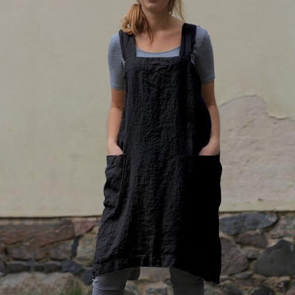 2026 Cotton Linen Apron for women Cross Back Apron Pinafore Dress for Baking Cooking Gardening Work Black M