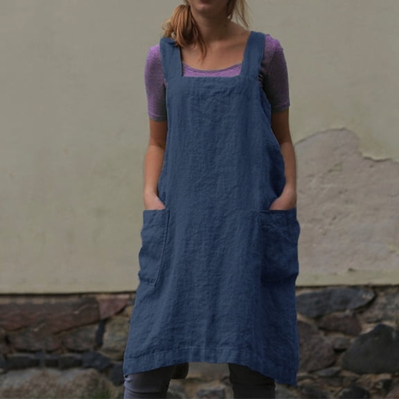 2026 Cotton Linen Apron for women Cross Back Apron Pinafore Dress for Baking Cooking Gardening Work Blue L
